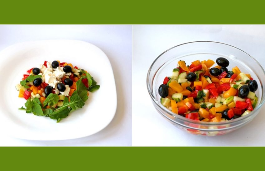 Bunter Salat mit Tomaten, Gurken, Paprika, Oliven und Feta-Käse ...